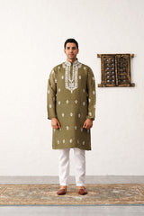 Olive Silk Embroidered Kurta Pajama Set