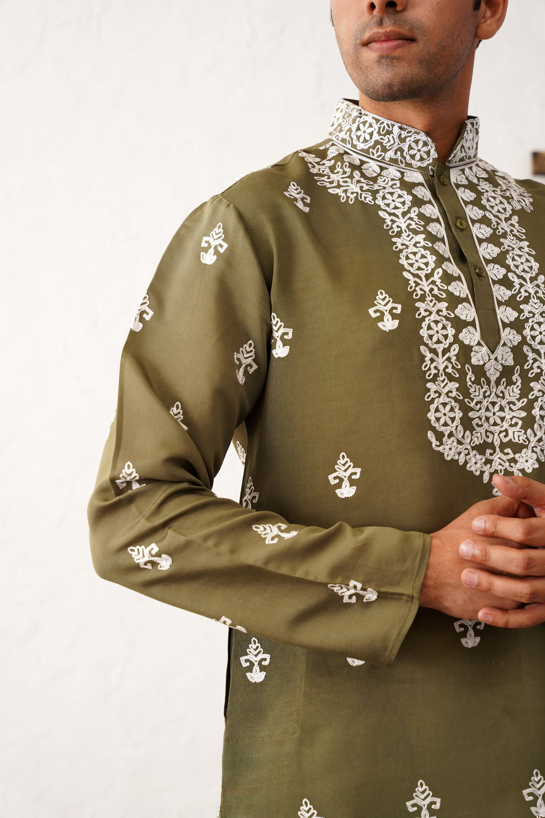 Olive Silk Embroidered Kurta Pajama Set