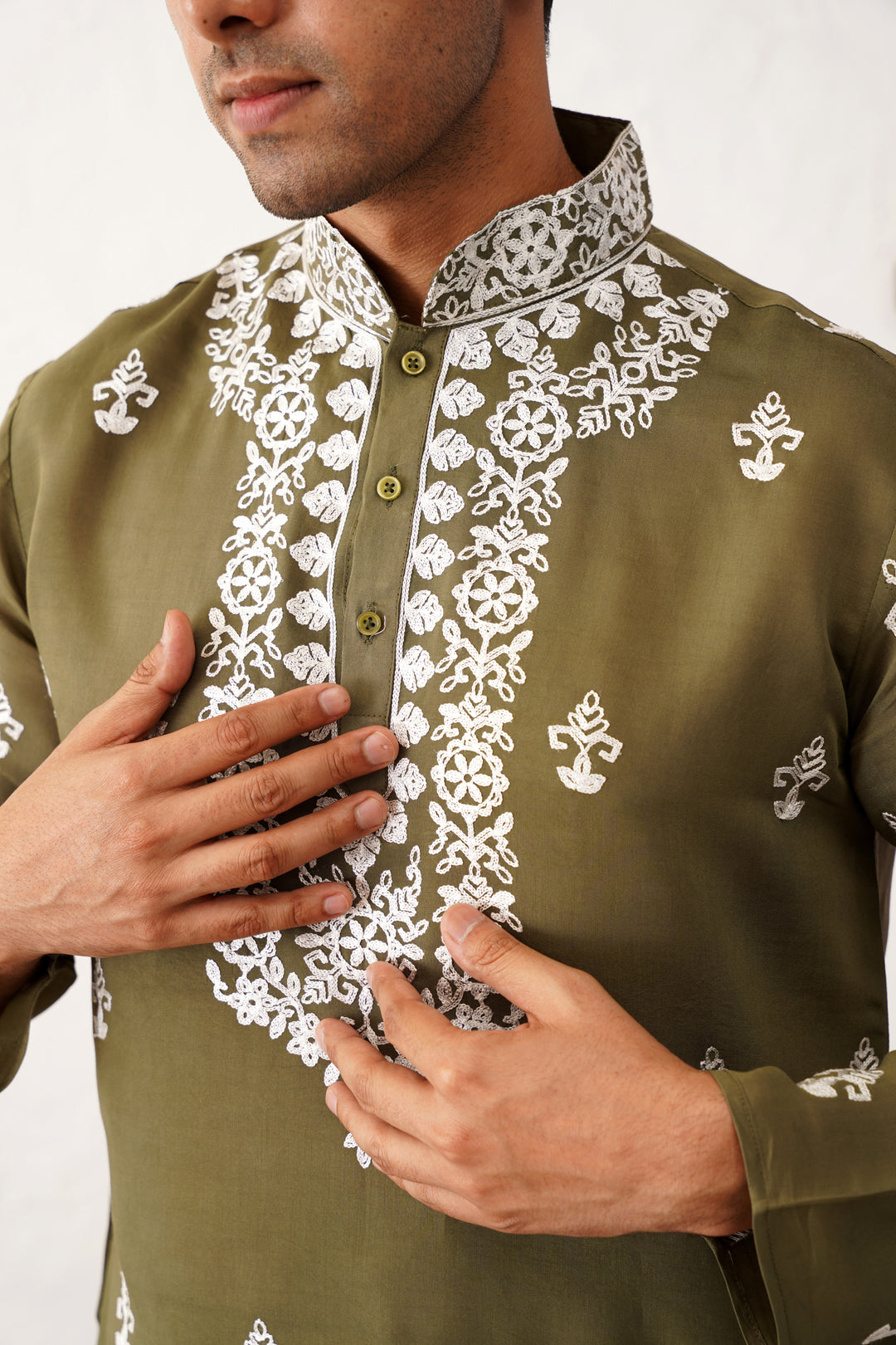 Olive Silk Embroidered Kurta Pajama Set