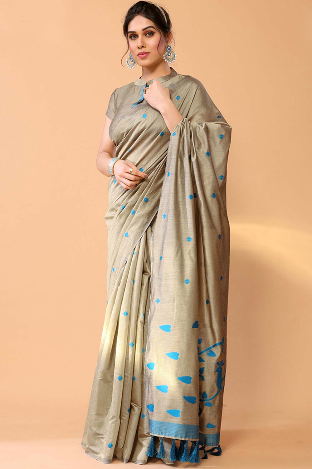 Beige Chanderi Silk Printed  Saree