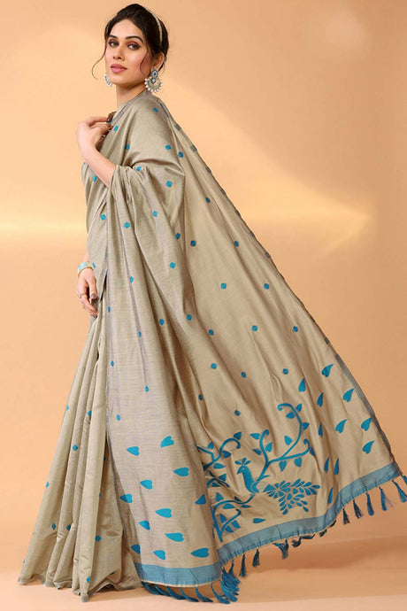 Beige Chanderi Silk Printed  Saree