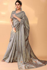 Grey Chanderi Silk Printed  Saree