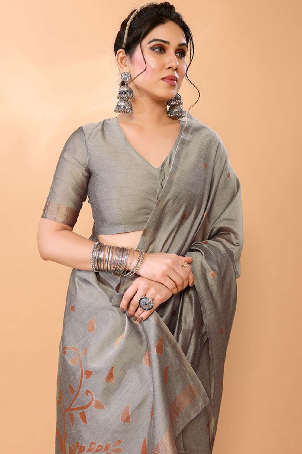 Grey Chanderi Silk Printed  Saree