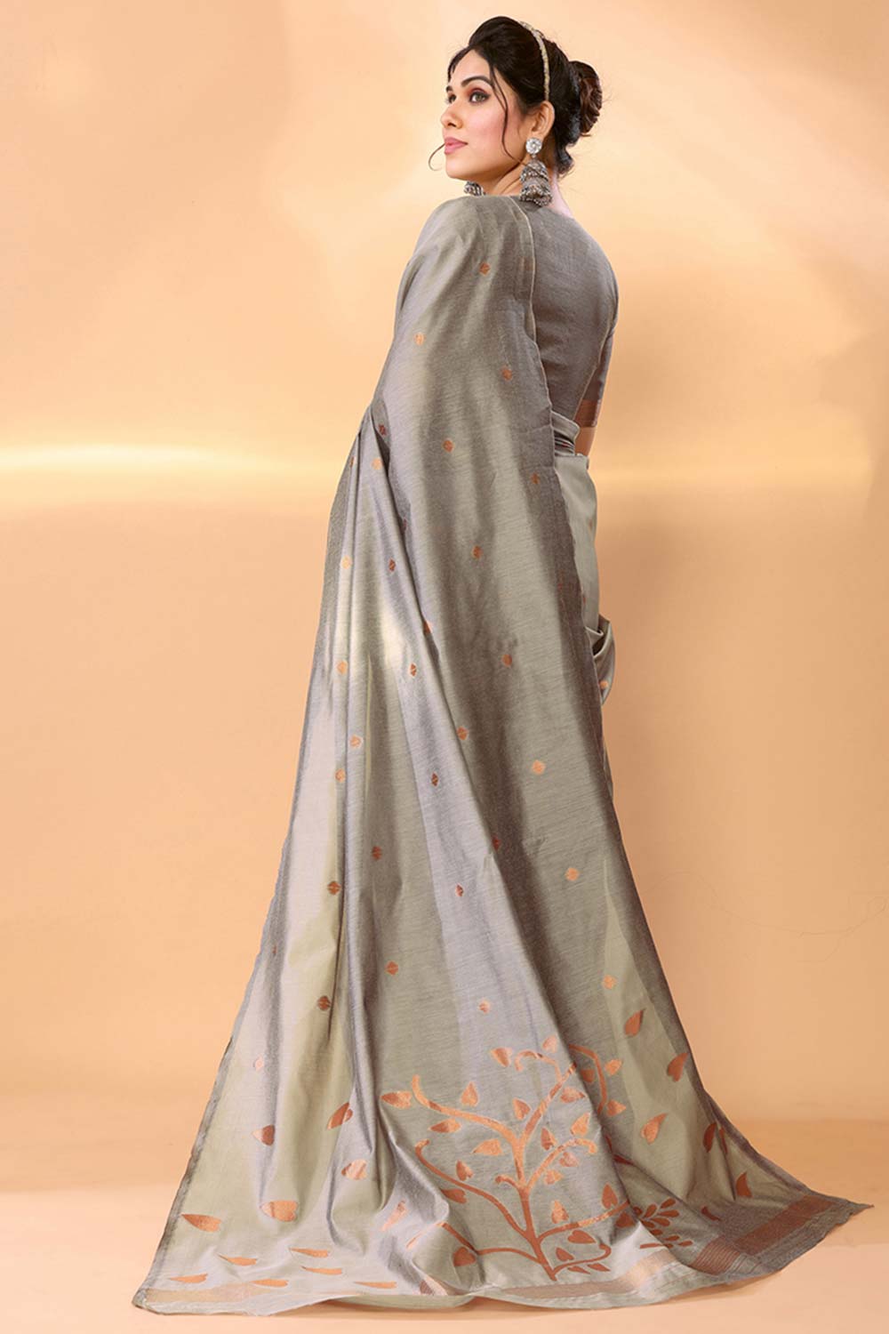 Grey Chanderi Silk Printed  Saree