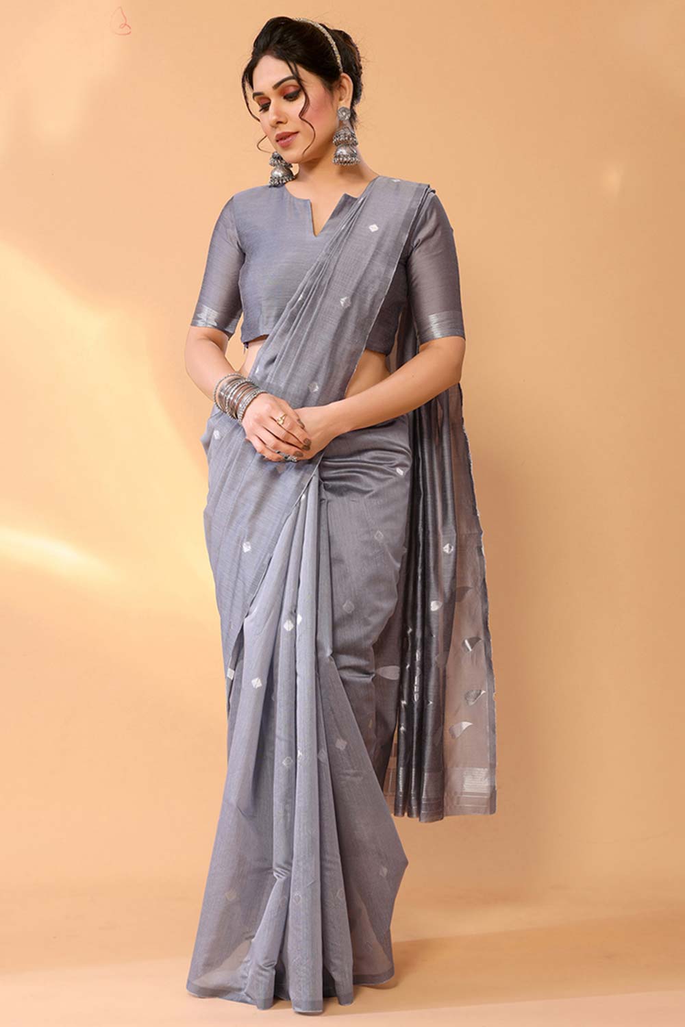 Grey Chanderi Silk Printed  Saree