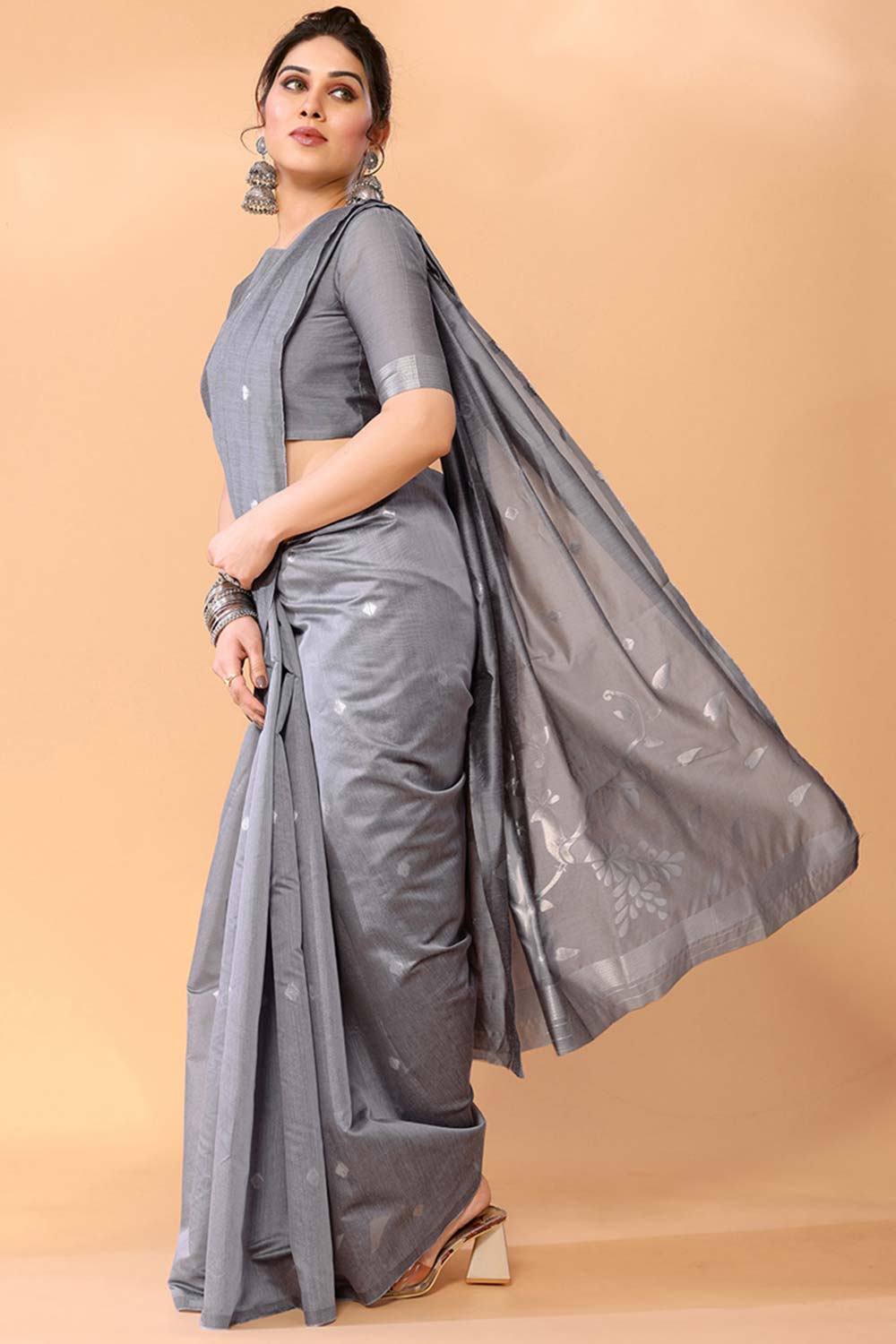 Grey Chanderi Silk Printed  Saree