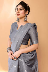 Grey Chanderi Silk Printed  Saree