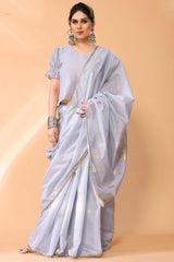 Light Grey Chanderi Silk Printed  Saree