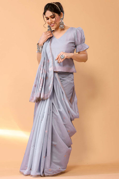 Light Grey Chanderi Silk Printed  Saree