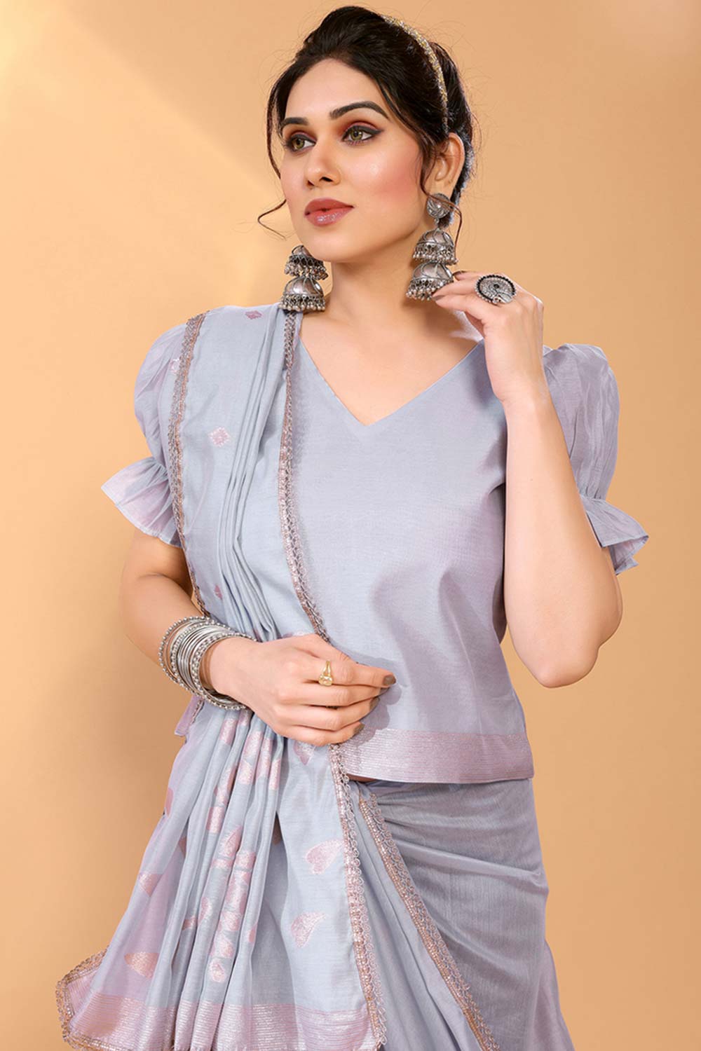 Light Grey Chanderi Silk Printed  Saree