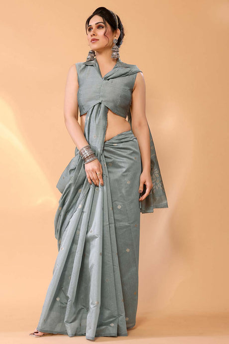 Grey Chanderi Silk Printed  Saree