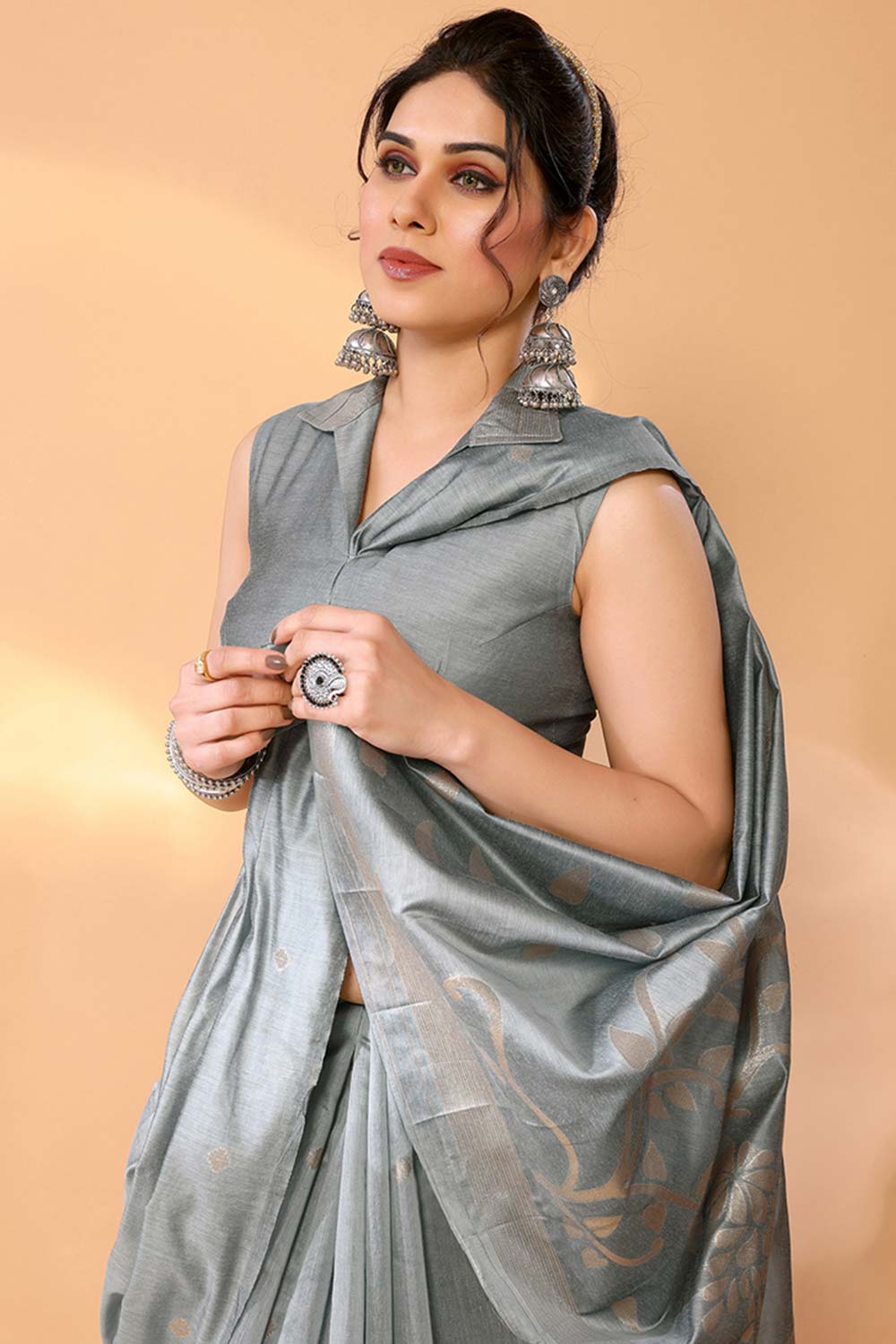 Grey Chanderi Silk Printed  Saree