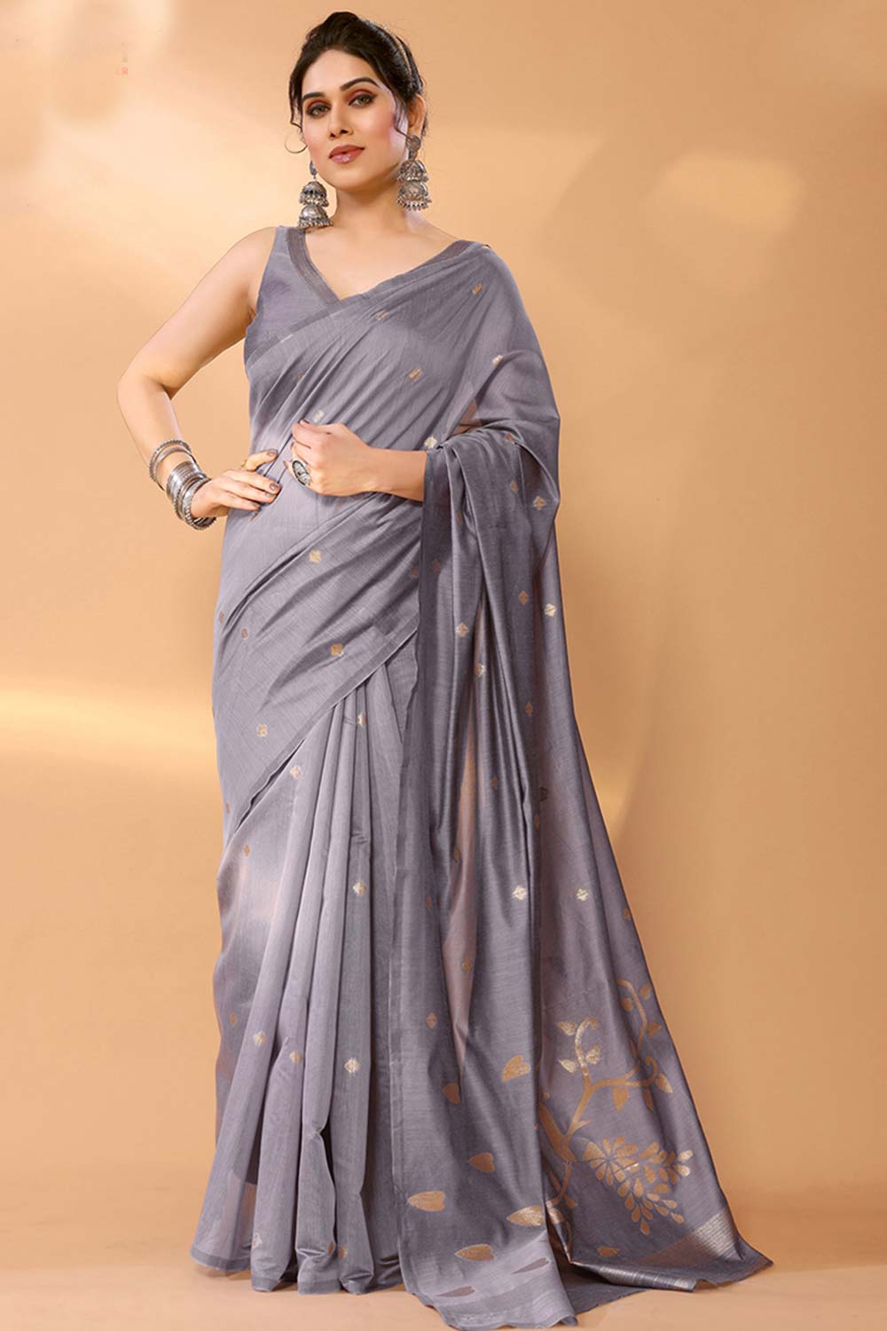 Grey Chanderi Silk Printed  Saree