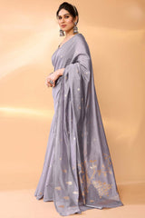 Grey Chanderi Silk Printed  Saree