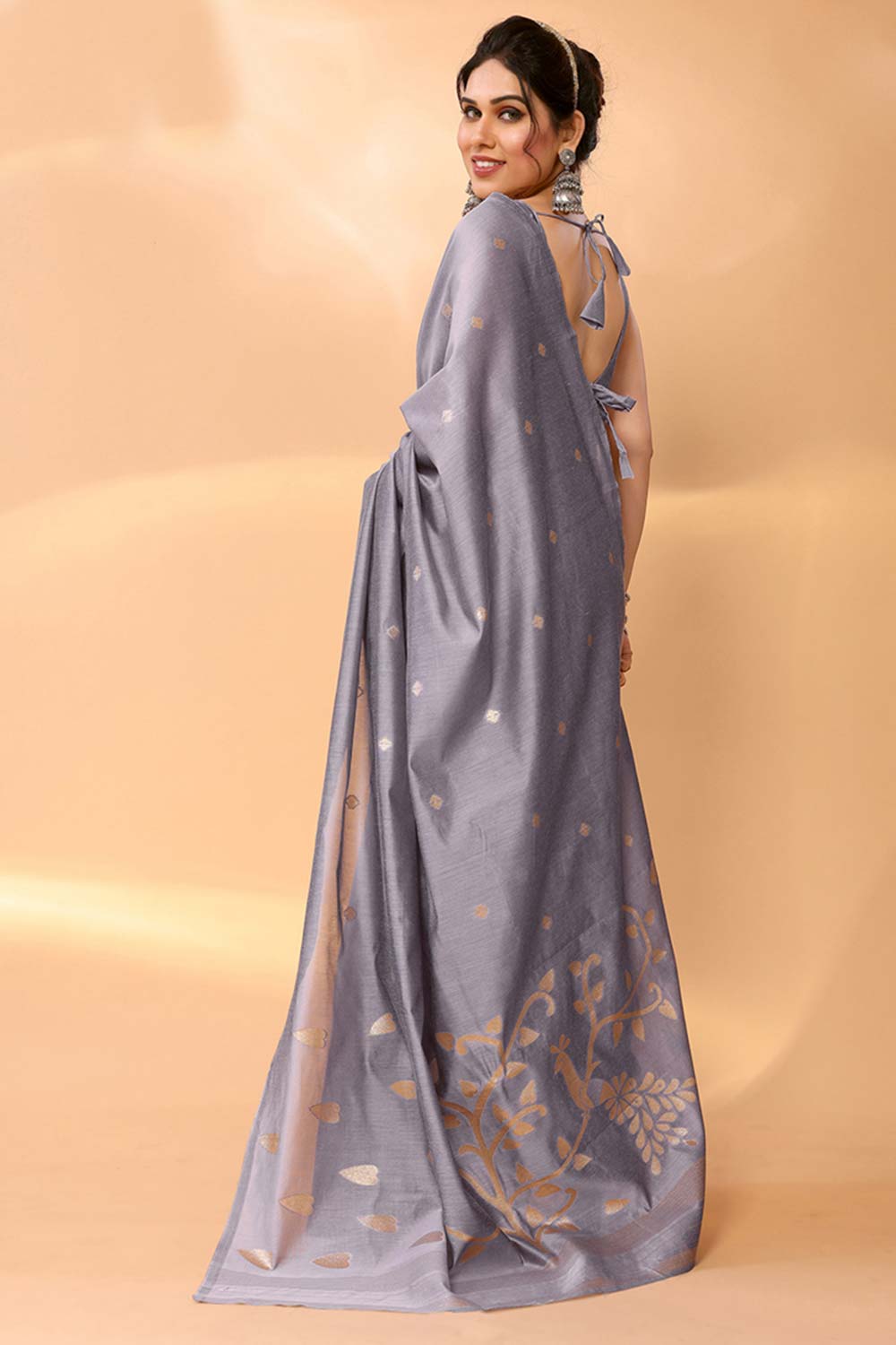 Grey Chanderi Silk Printed  Saree