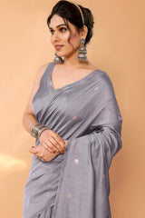 Grey Chanderi Silk Printed  Saree