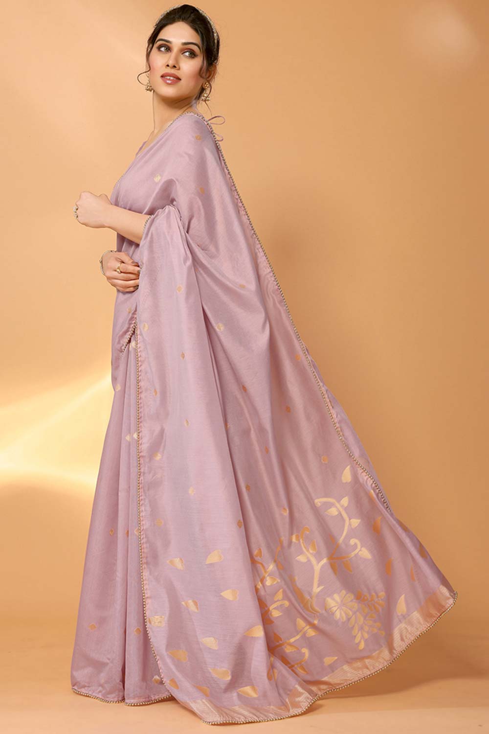 Onion Pink Chanderi Silk Printed  Saree