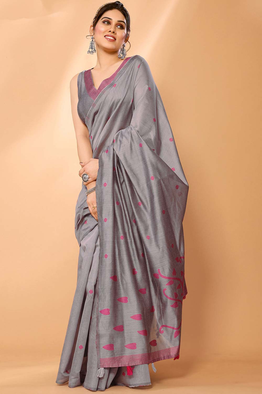 Grey Chanderi Silk Printed  Saree