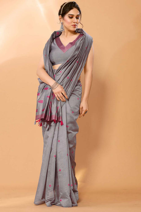 Grey Chanderi Silk Printed  Saree