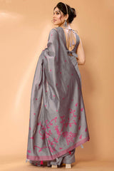 Grey Chanderi Silk Printed  Saree