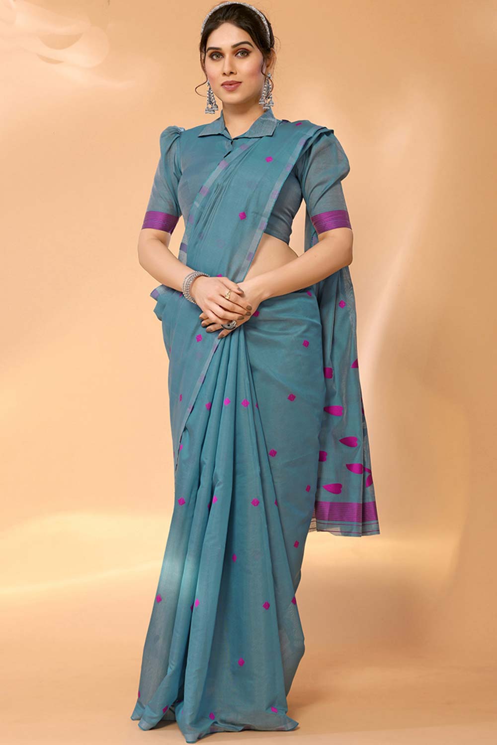 Sky Blue Chanderi Silk Printed  Saree