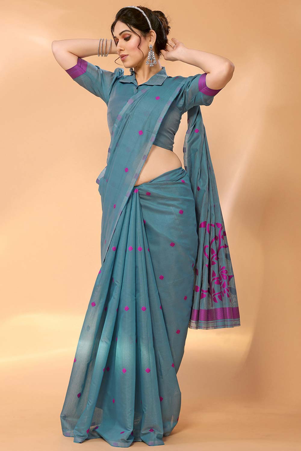 Sky Blue Chanderi Silk Printed  Saree