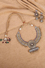 Dual Tone Plated Coin Antique Silver Necklace With Earrings