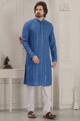 Men's Blue Silk Embroidered Kurta Pajama Set