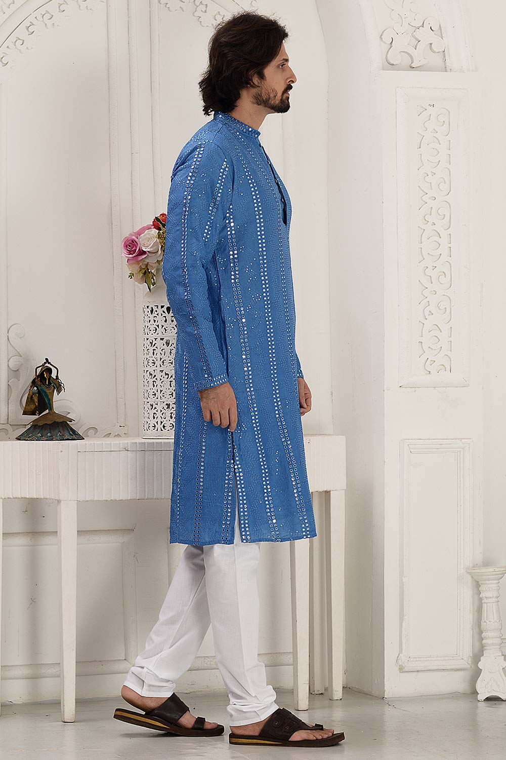 Men's Blue Silk Embroidered Kurta Pajama Set