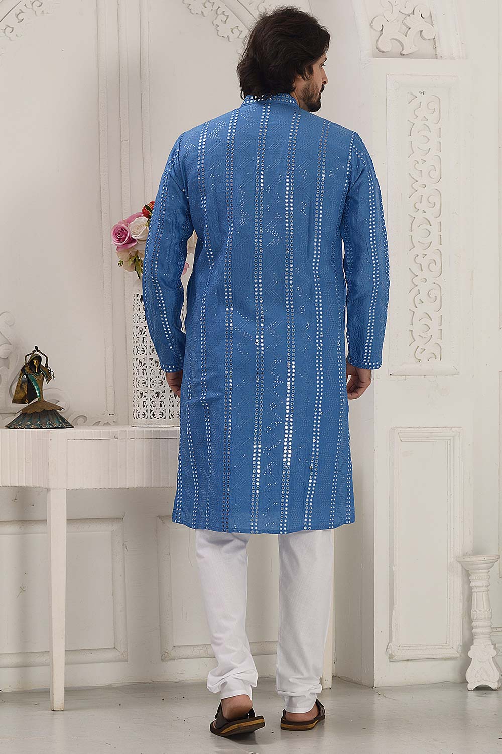 Men's Blue Silk Embroidered Kurta Pajama Set