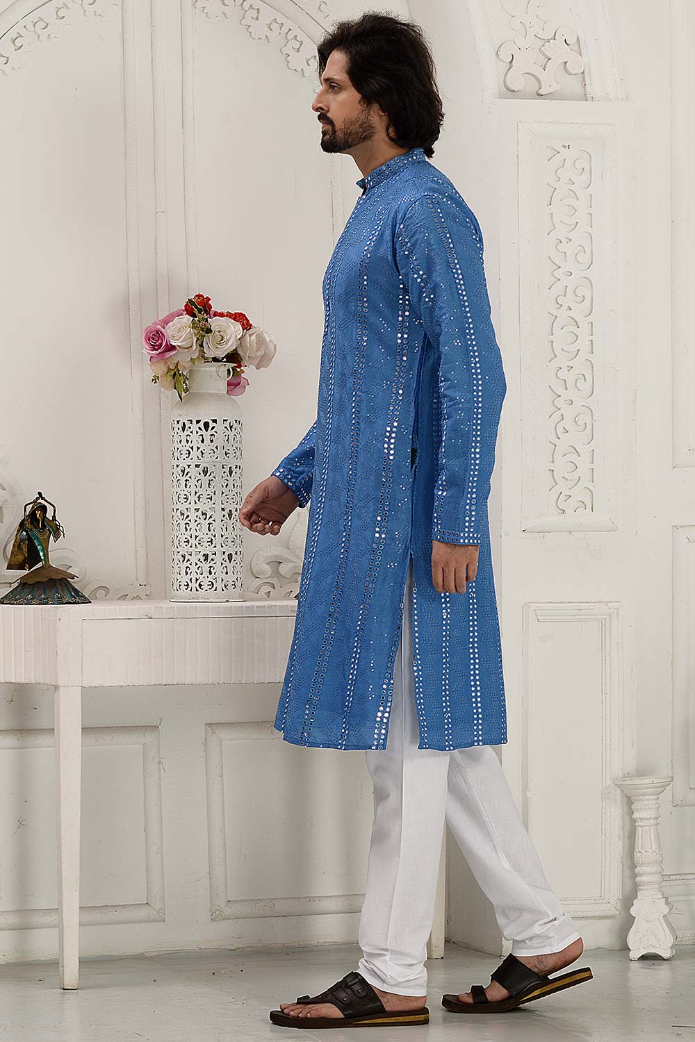 Men's Blue Silk Embroidered Kurta Pajama Set