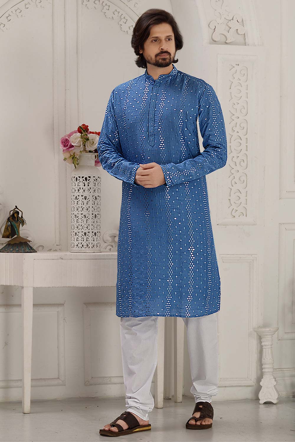 Men's Blue Silk Embroidered Kurta Pajama Set