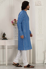 Men's Blue Silk Embroidered Kurta Pajama Set