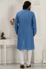 Men's Blue Silk Embroidered Kurta Pajama Set