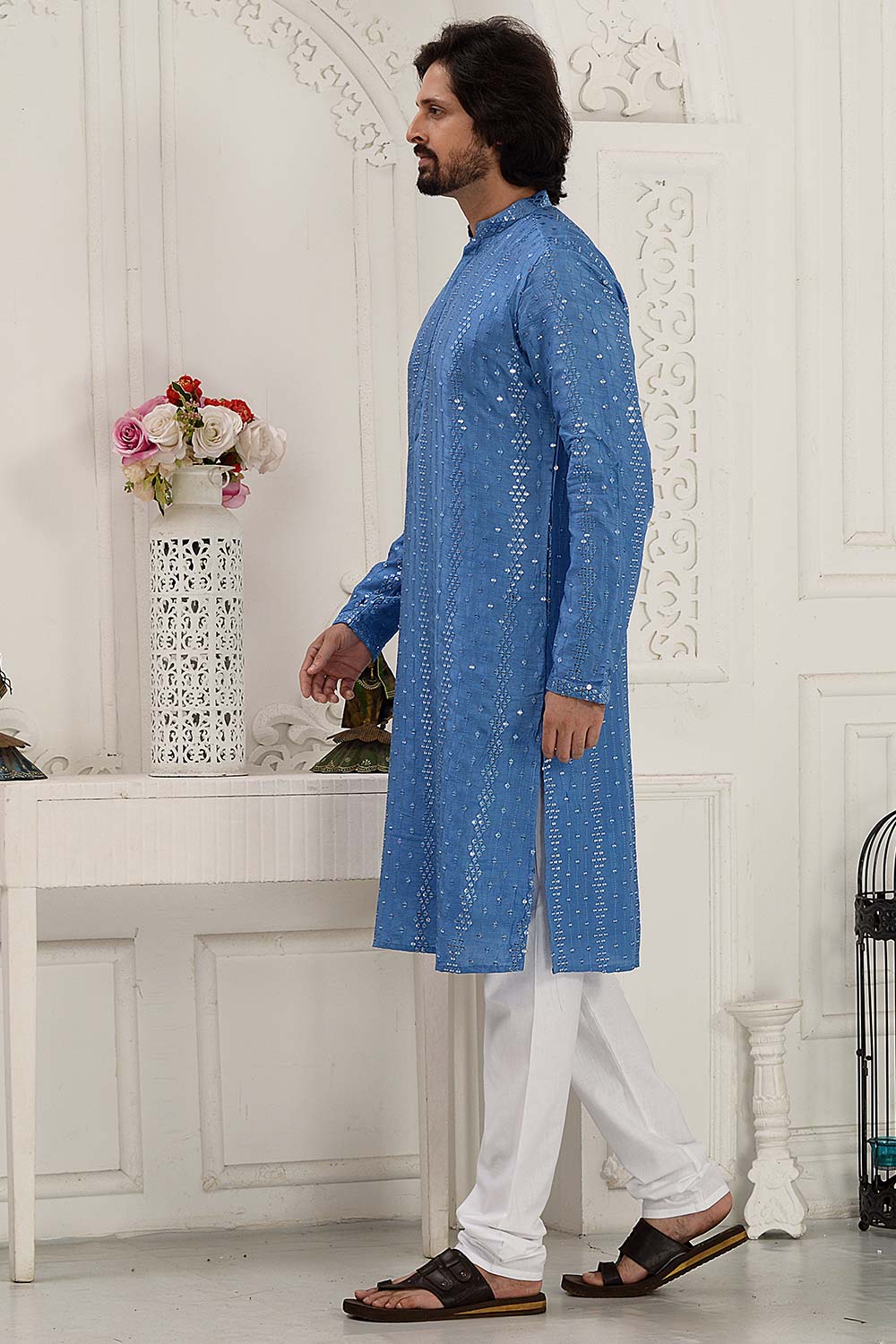 Men's Blue Silk Embroidered Kurta Pajama Set