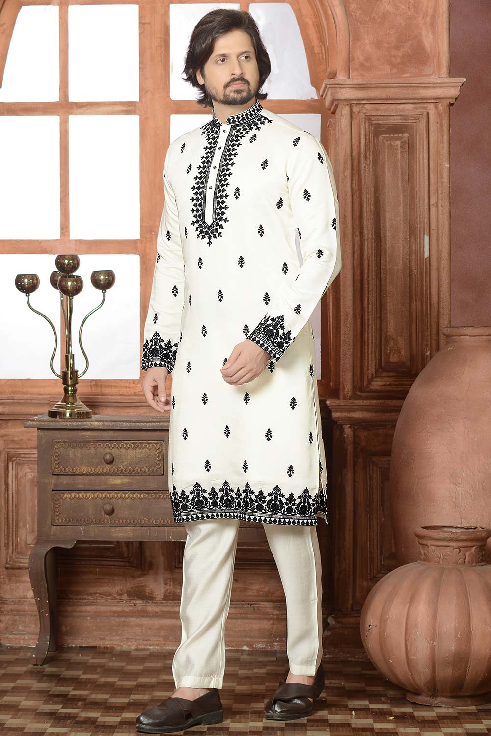 Men's Cream Cotton Embroidered Kurta Pajama Set