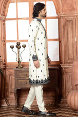 Men's Cream Cotton Embroidered Kurta Pajama Set