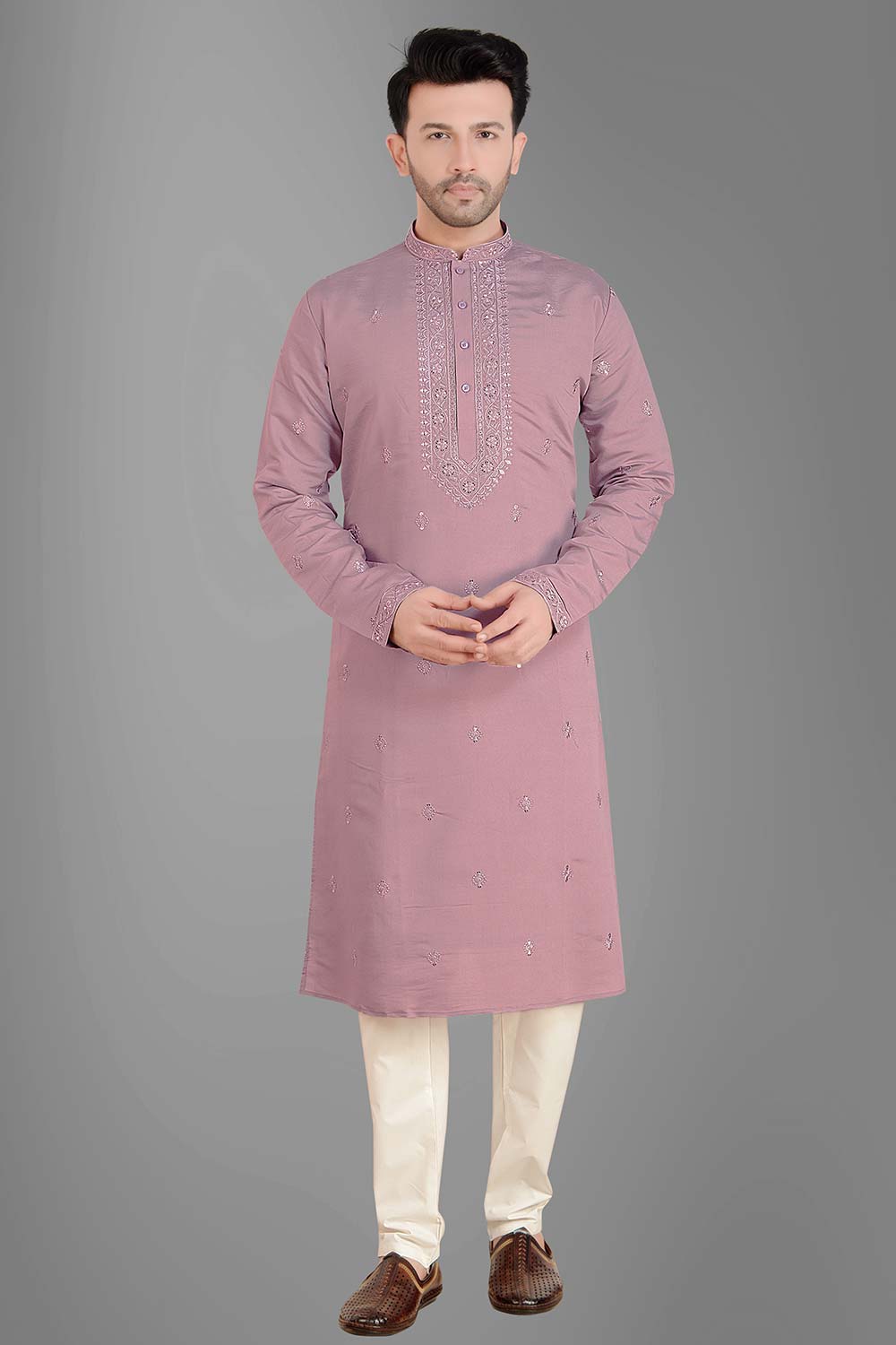 Men's Purple Silk Embroidered Kurta Pajama Set