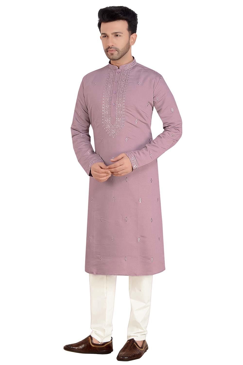 Men's Purple Silk Embroidered Kurta Pajama Set