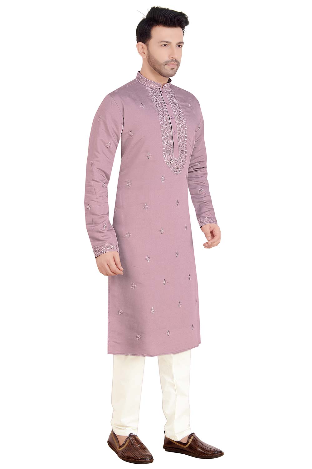 Men's Purple Silk Embroidered Kurta Pajama Set