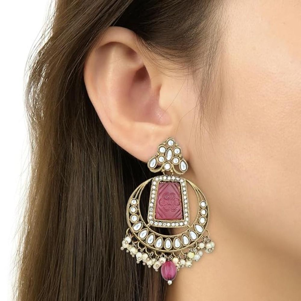 Gold Plated Kundan And Pearl Chandbali Earrings For Womens