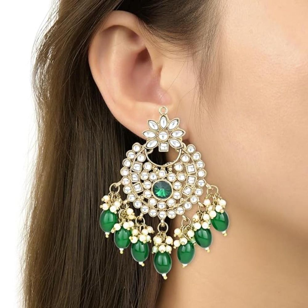 Gold Plated Kundan And Pearl Chandbali Earrings For Womens