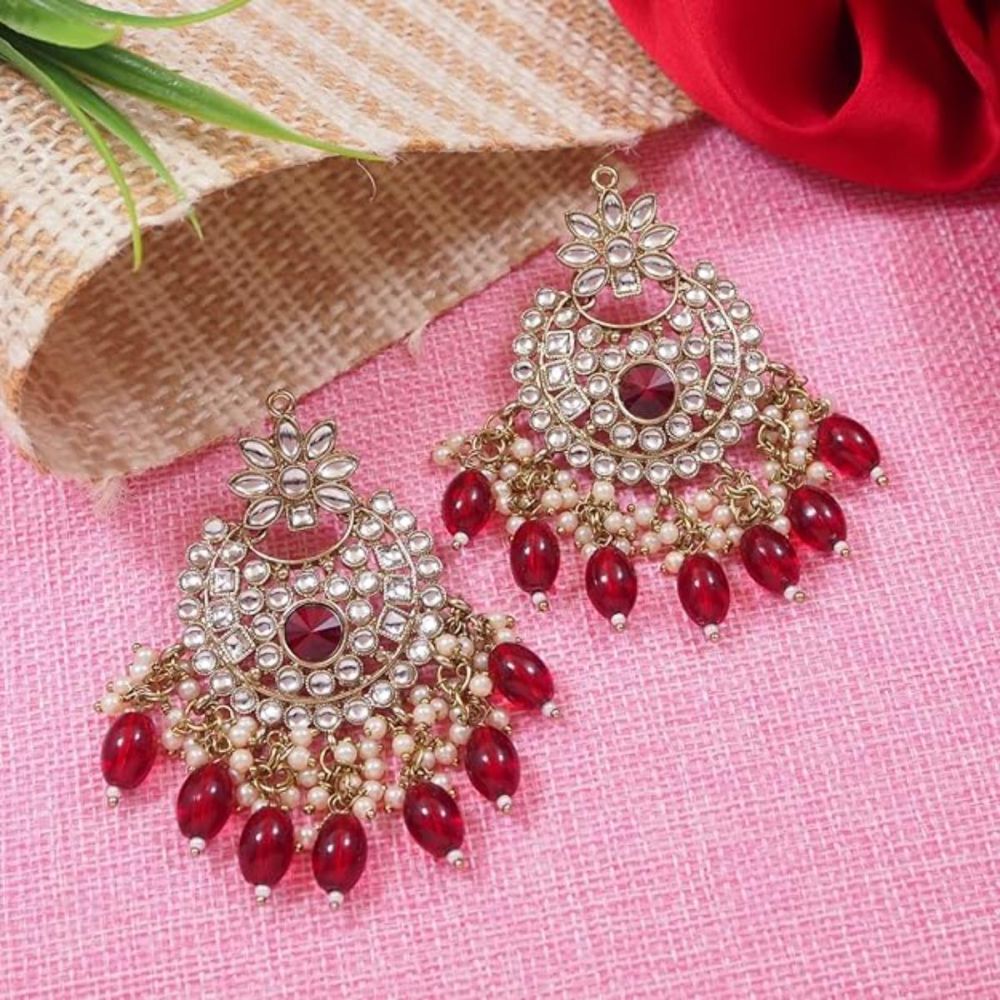 Gold Plated Kundan And Pearl Chandbali Earrings For Womens