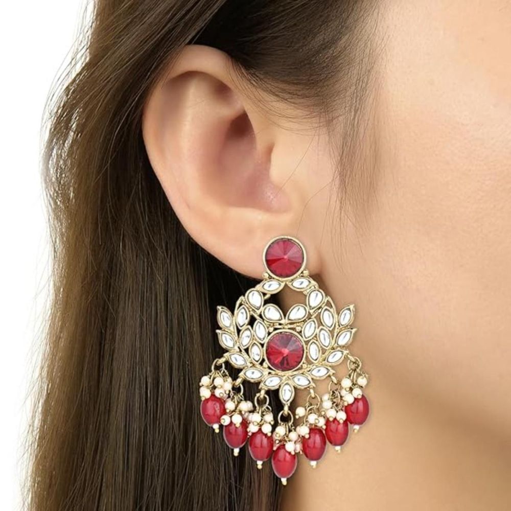 Gold Plated Kundan And Pearl Chandbali Earrings For Womens