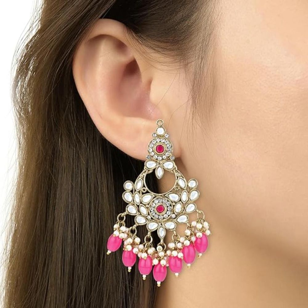 Gold Plated Kundan And Pearl Chandbali Earrings For Womens