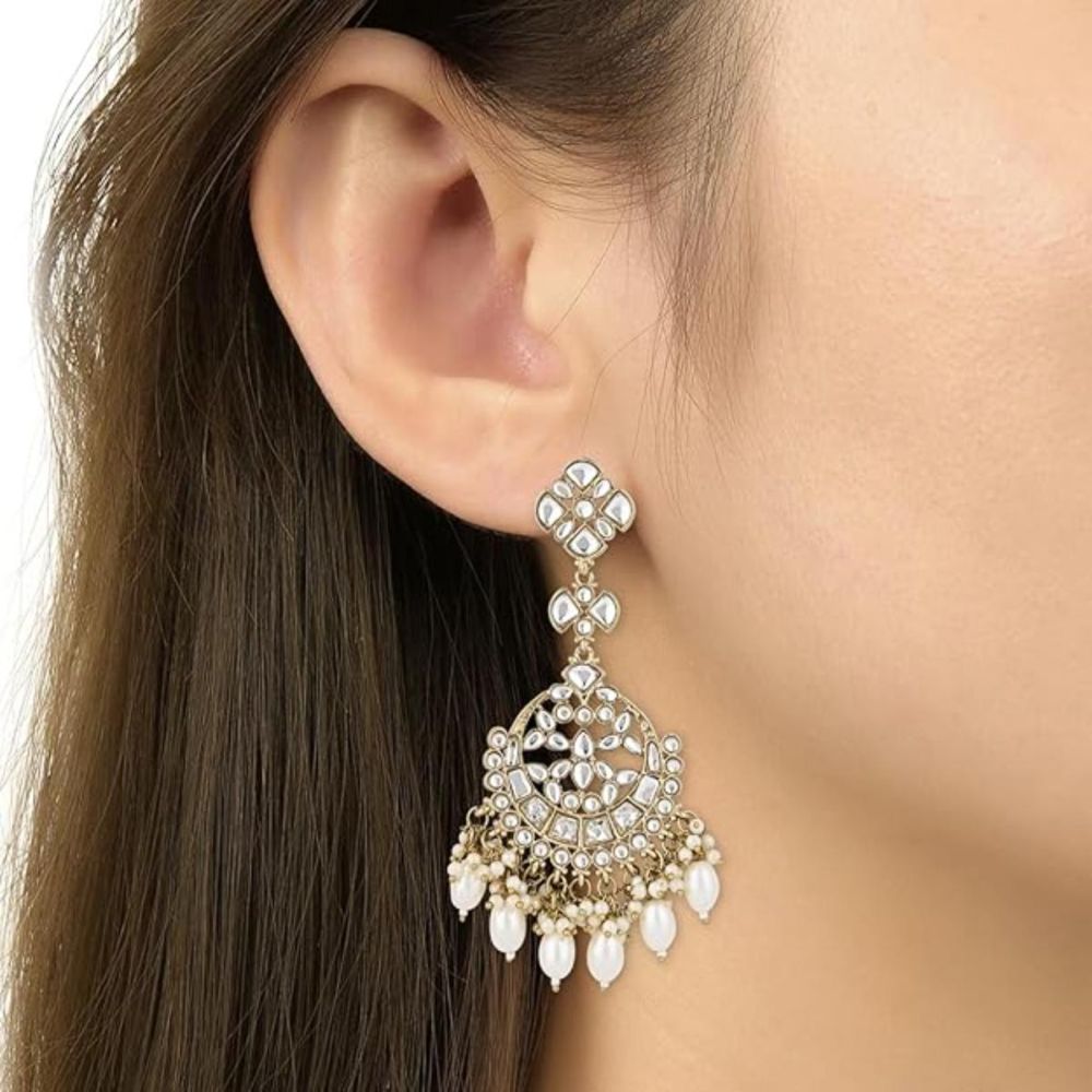 Gold Plated Kundan And Pearl Chandbali Earrings For Womens