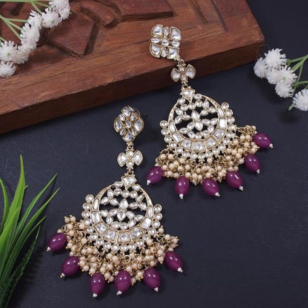 Gold Plated Kundan And Pearl Chandbali Earrings For Womens