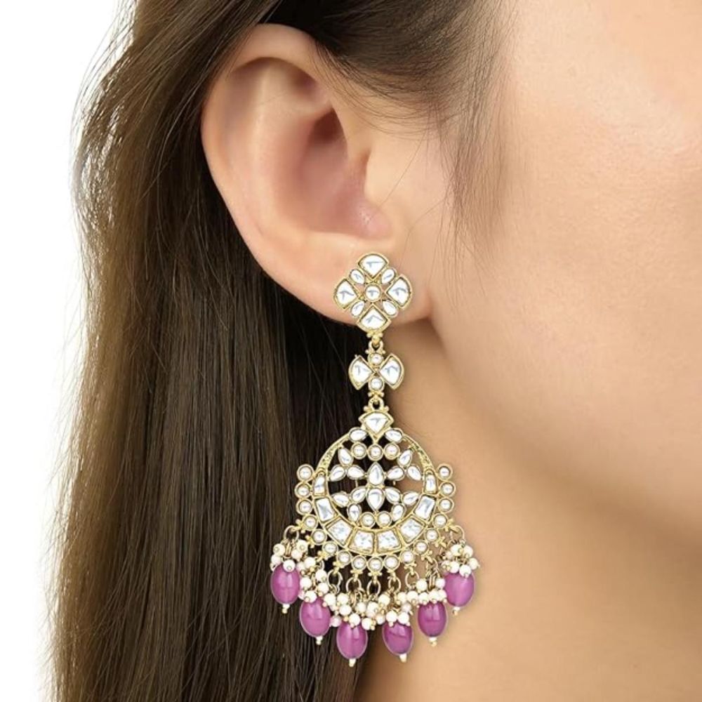 Gold Plated Kundan And Pearl Chandbali Earrings For Womens