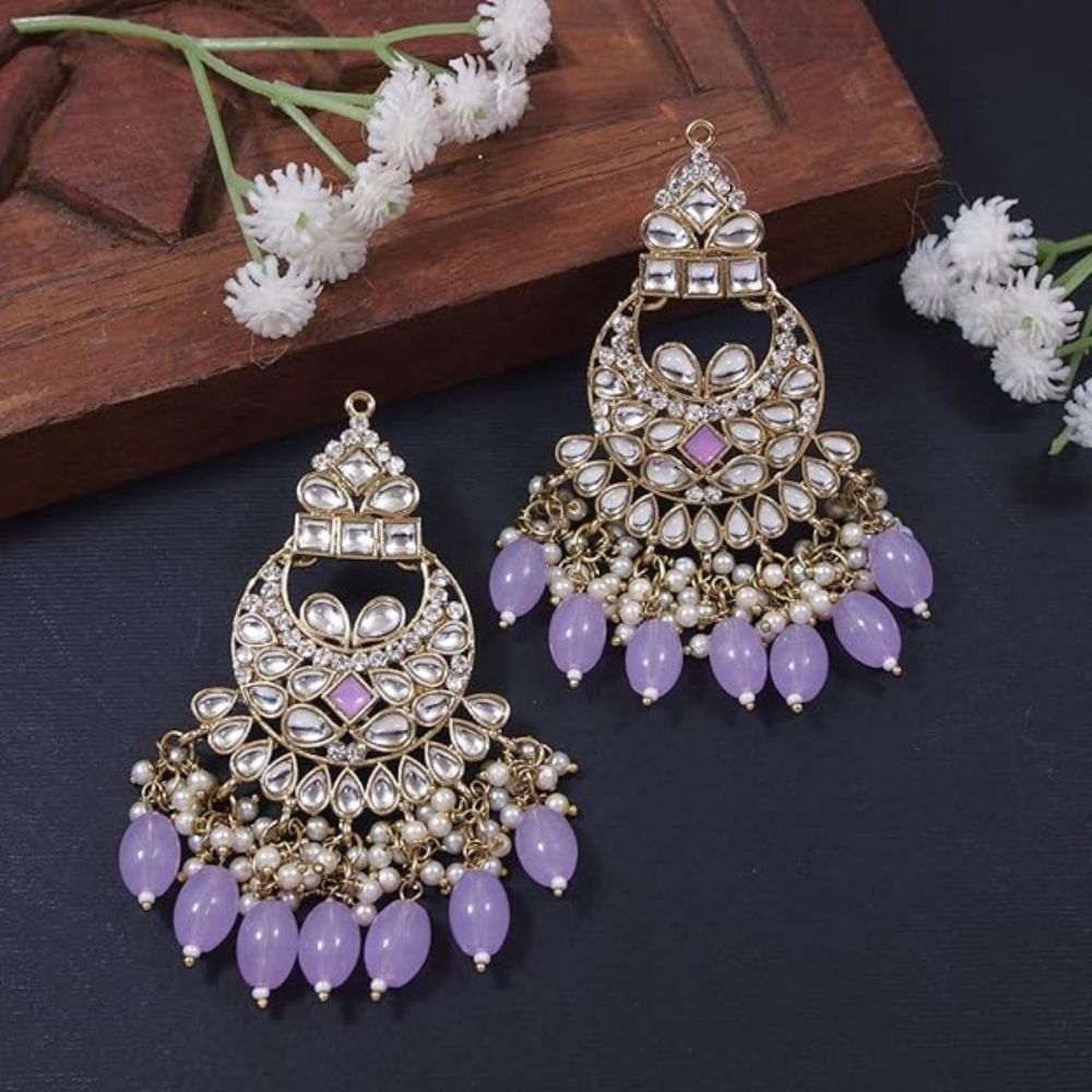 Gold Plated Kundan And Pearl Chandbali Earrings For Womens