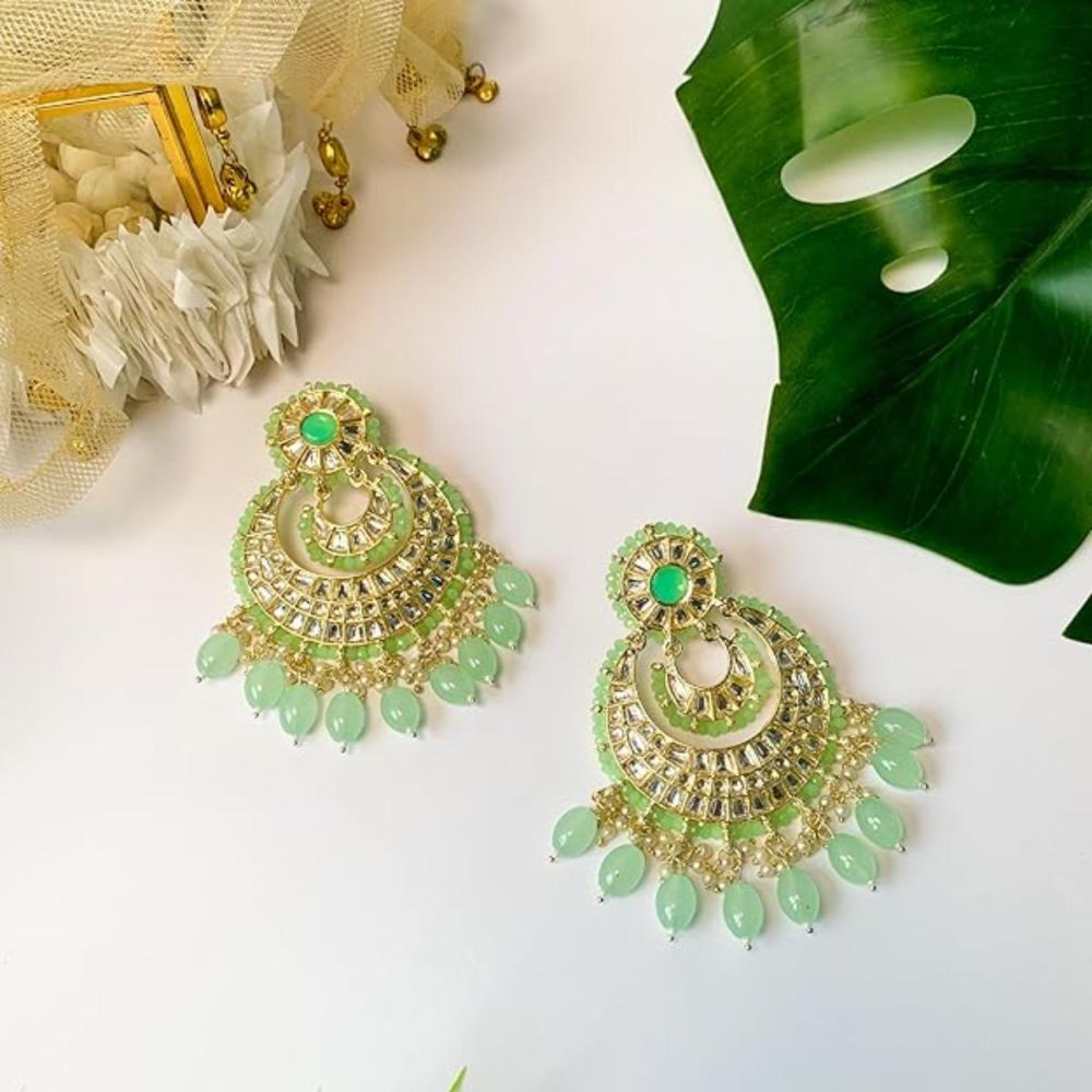 Gold Plated Kundan And Pearl Chandbali Earrings For Womens